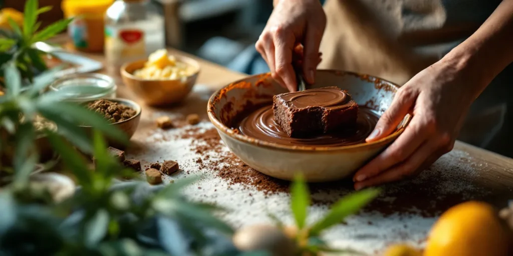 Weed Brownies werden mit Schokolade überzogen und vorbereitet.