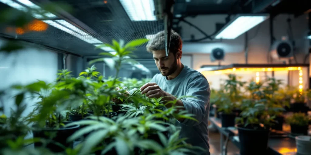 Züchter justiert SCROG-Grow Pflanzen unter einem Trainingsnetz.