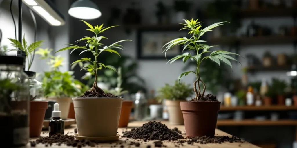 Zwei Cannabis-Pflanzen in verschiedenen Töpfen, ein Umtopfvorgang in einem Indoor-Grow.