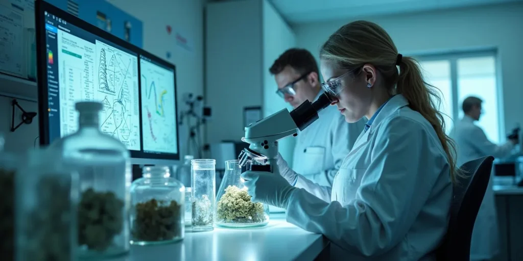 Forscher im Labor analysieren Albino Weed unter dem Mikroskop. Genetische Forschung zur Albino-Cannabis-Mutation und ihren Eigenschaften.