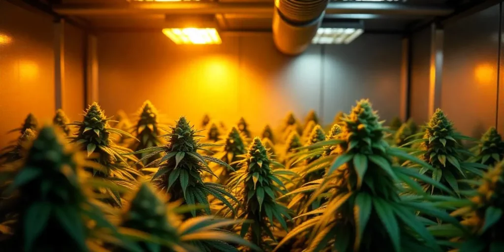 Cannabis-Pflanzen im Indoor-Grow unter LED-Licht mit aktiven Belüftungssystemen zur Reduzierung der Luftfeuchtigkeit und Vermeidung von Schimmel.