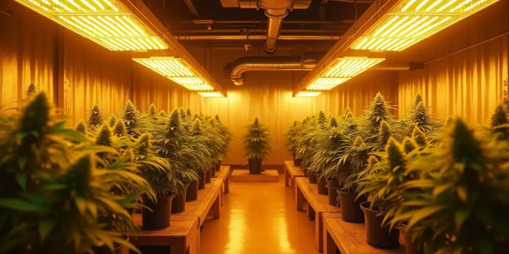 Zwittrige Cannabispflanze unter LED-Beleuchtung in einem Gewächshaus.