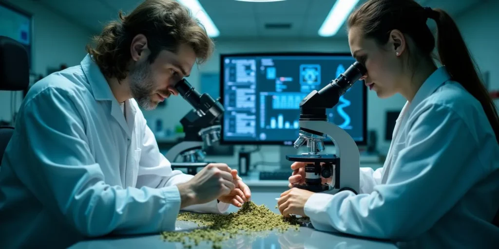 Mikroskopische Untersuchung einer zwittrigen Cannabispflanze im Labor.