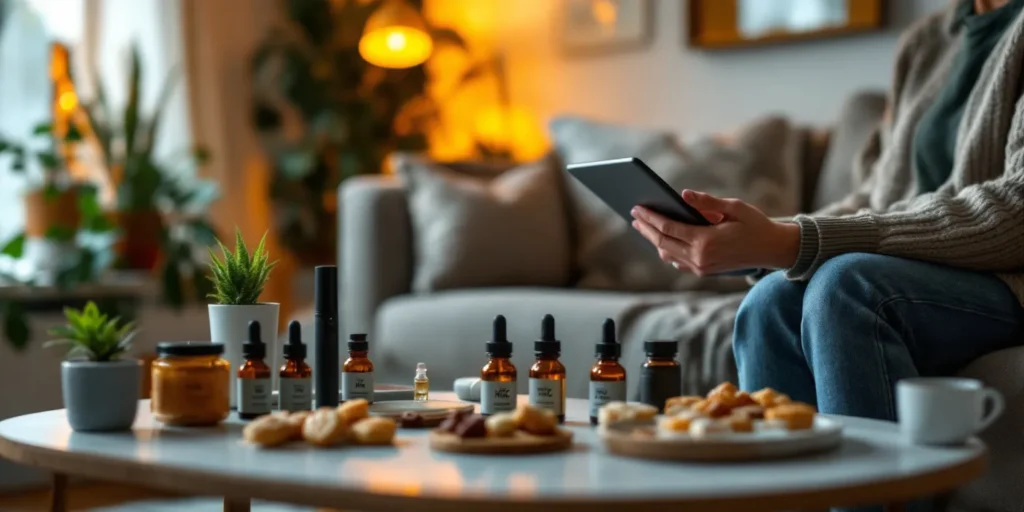 Person recherchiert über HHC und THC auf einem Tablet, mit verschiedenen CBD- und THC-Produkten auf einem Tisch in gemütlicher Atmosphäre.