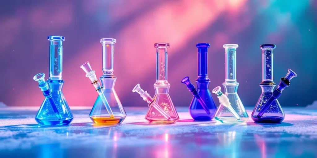 Eine Auswahl an bunten Dab Bongs aus Glas mit verschiedenen Designs, ideal für den Konsum von Konzentraten und Ölen.