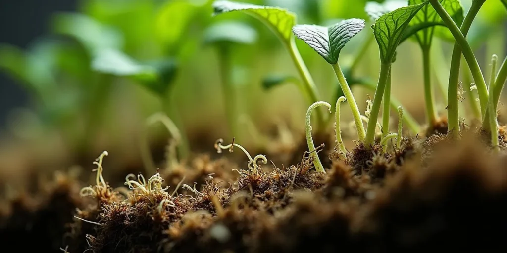 Nahaufnahme von jungen Keimlingen in nährstoffreicher Growerde für optimales Pflanzenwachstum.