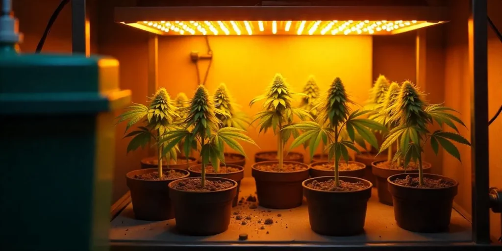 Hydroponische Cannabispflanzen unter Kunstlicht in einem Indoor-Growsystem.