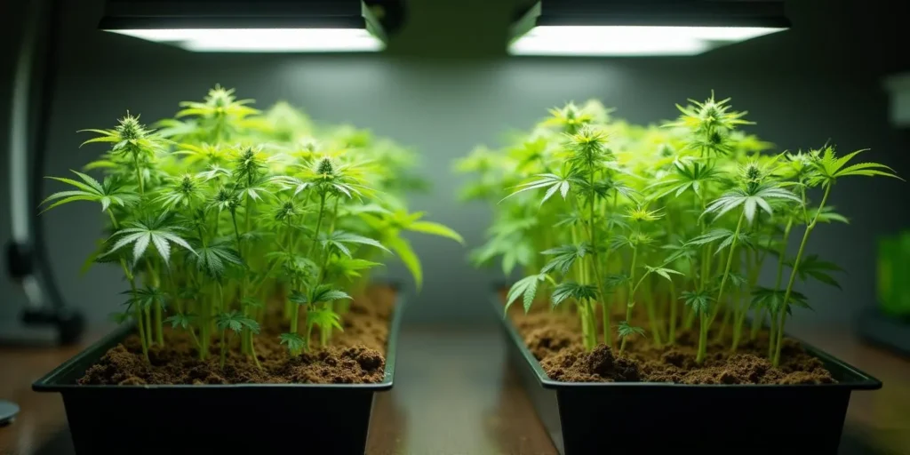 Frische Cannabissämlinge wachsen in Erde unter perfekten Bedingungen. Sämling Spargelt sorgt für stabiles Wachstum und gesunde Pflanzen.