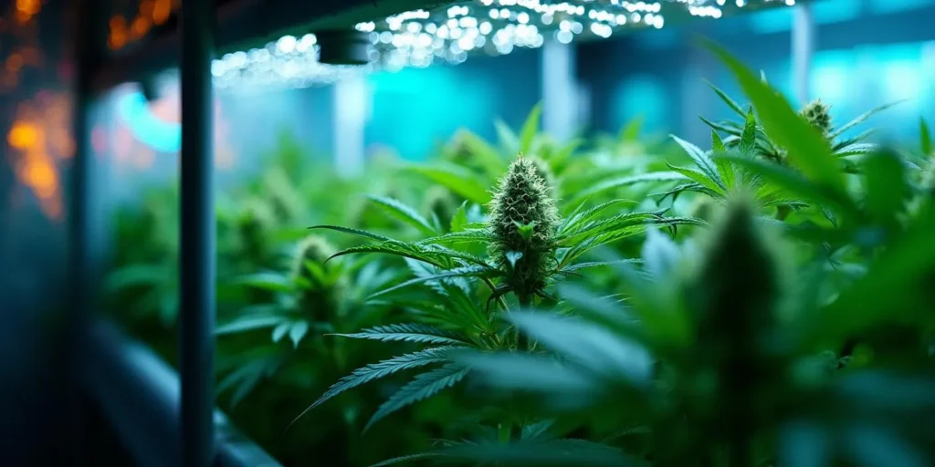 Cannabis wächst unter LED-Lampen in einem professionellen 6-Pflanzen-Growzelt mit reflektierenden Wänden.