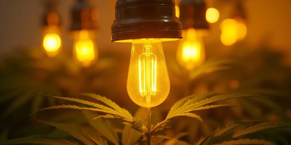 Natriumdampflampen leuchten über Cannabispflanzen und bieten das perfekte Lichtspektrum für Indoor-Zucht.