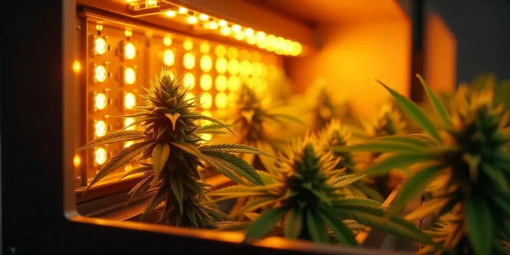 Nahaufnahme einer LED Hanf Beleuchtung, die Cannabisblüten mit perfektem Lichtspektrum für maximales Wachstum versorgt.