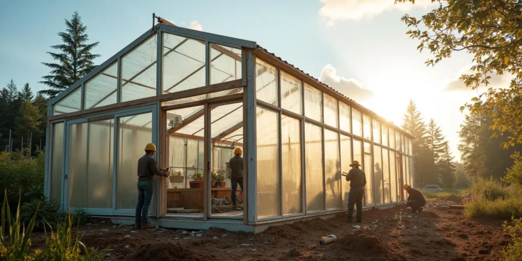 Gärtner beim Bau eines Outdoor Gewächshauses, um optimale Bedingungen für das Pflanzenwachstum zu schaffen.