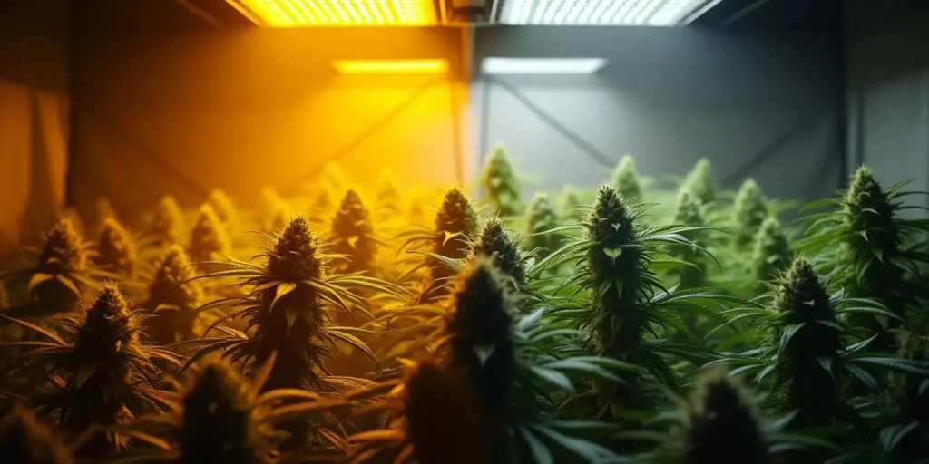 Cannabis-Pflanzen wachsen unter modernster LED-Technologie mit warmweißer und kaltweißer Beleuchtung für eine ideale Entwicklung von Keimung bis Blüte.