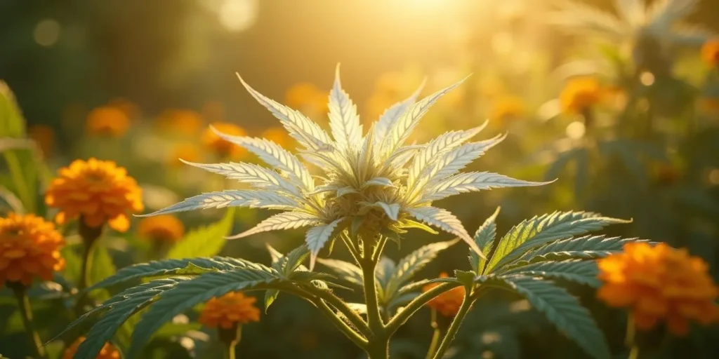 Albino Weed Pflanze in der Natur mit auffällig weißen Blättern. Eine seltene Cannabis-Mutation, die durch genetische Faktoren verursacht wird.