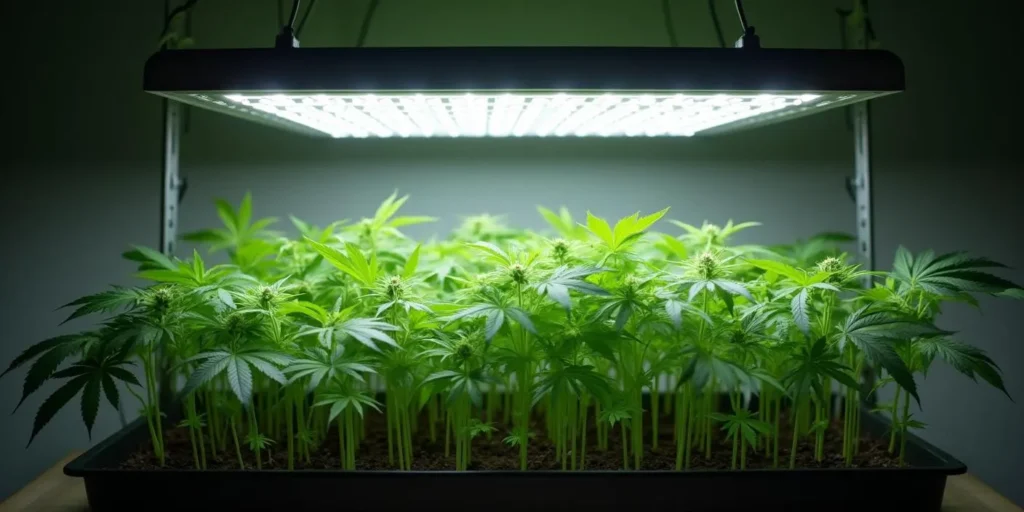 Dicht bewachsene Pflanzschalen mit gesunden Sämlingen unter LED-Lampen. Perfekte Bedingungen für die Sämling Spargelt Methode.