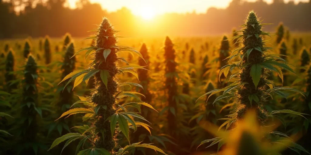 Cannabisblüten im Freien mit goldenem Sonnenuntergang. Erfahre, wann Cannabis draußen blüht und wie du den besten Ertrag erzielst.