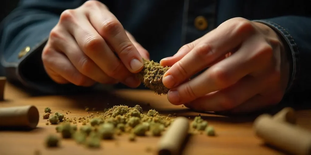 Nahaufnahme von Händen, die Cannabis zerkleinern und für das Drehen eines Weed Blunts vorbereiten, ideal für Liebhaber selbstgedrehter Blunts.