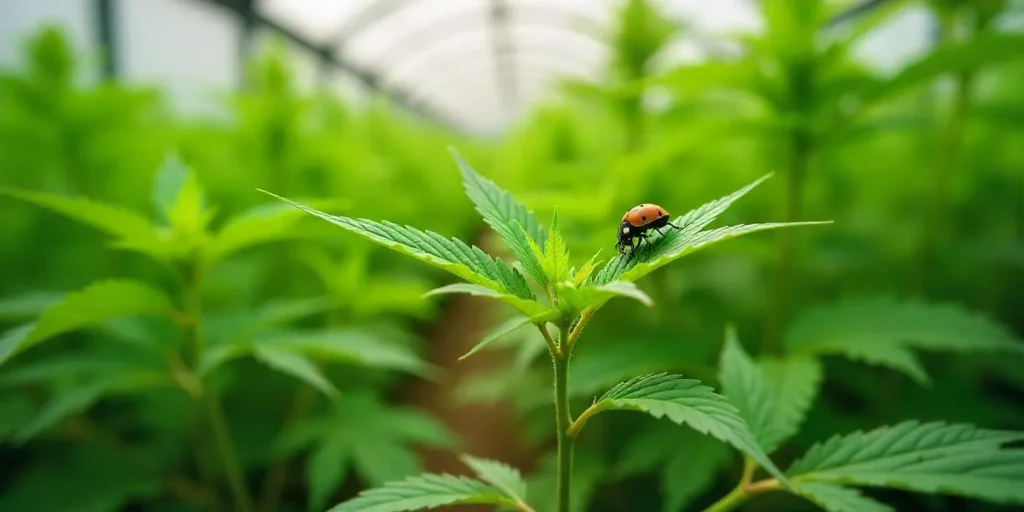 Ein Marienkäfer auf einem Afghan Hash Plant Blatt in einem Gewächshaus: natürliche Schädlingsbekämpfung beim regulären Anbau.