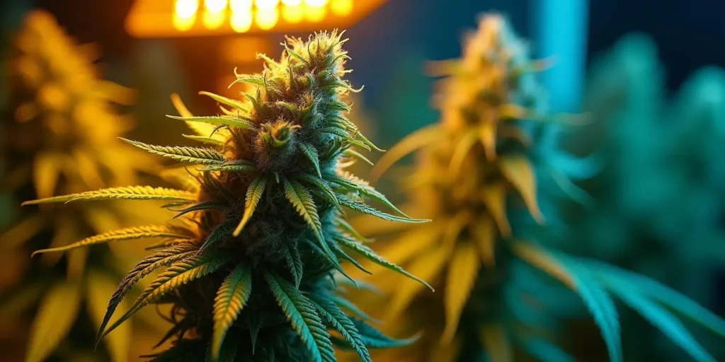 Zwittrige Cannabis Pflanze im Freiland.