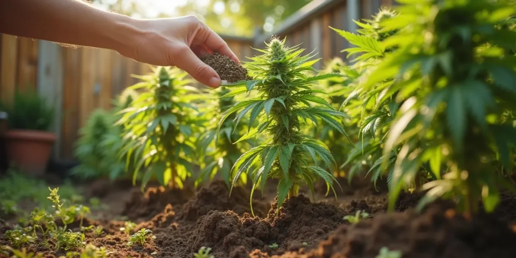 Hand gibt Blütedünger auf Autoflower-Cannabispflanze im Garten.