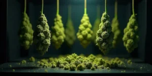 Getrocknete Amnesia Lemon Regulär Cannabisblüten im Trockenschrank.