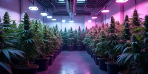 Amnesia Purple Pflanzen im Indoor-Growraum mit LED-Beleuchtung.