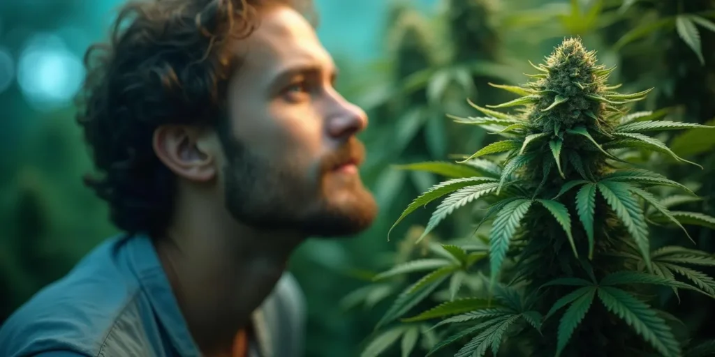 Mann riecht an einer Auto CBD Amnesia Pflanze im Indoor-Grow.