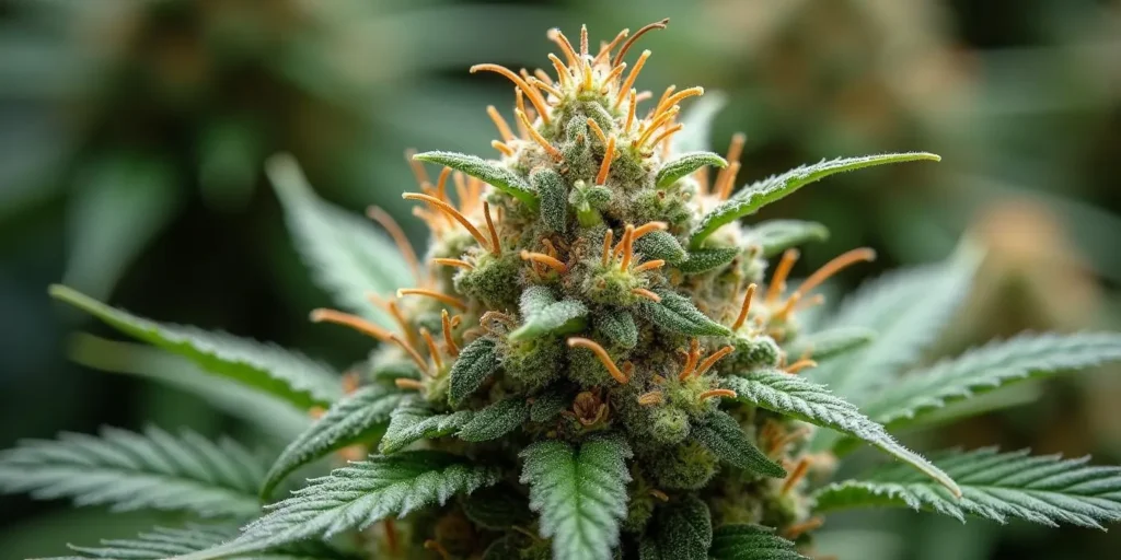 Nahaufnahme der Auto CBD Amnesia Blüte mit leuchtenden Härchen.