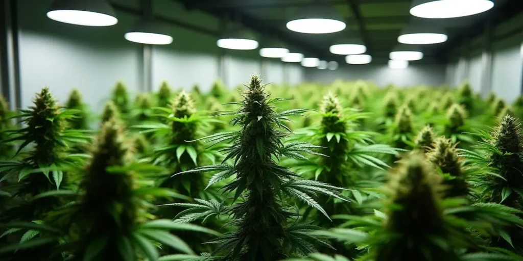 Indoor-Grow-Raum mit vielen Auto CBD Amnesia Pflanzen unter LED.