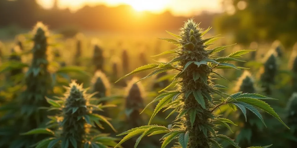 Auto CBD Amnesia Pflanzen im Freien bei Sonnenuntergang.