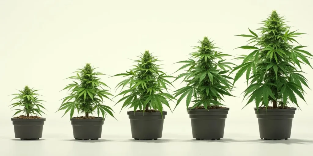 Auto CBD Cheese Pflanzen in verschiedenen Wachstumsstadien in Töpfen.