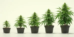 Auto CBD Cheese Pflanzen in verschiedenen Wachstumsstadien in Töpfen.