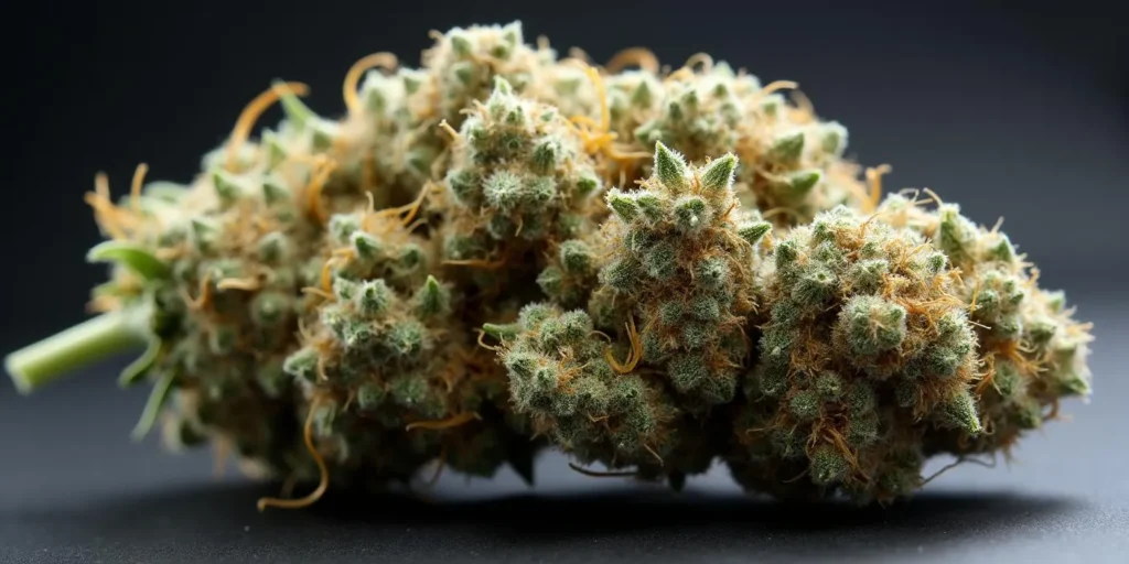 Nahaufnahme eines reifen Auto CBD Cheese Buds mit Trichomen.