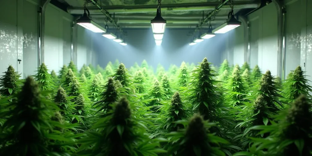 Dichter Indoor-Grow mit Auto CBD Cheese Pflanzen unter LED-Licht.