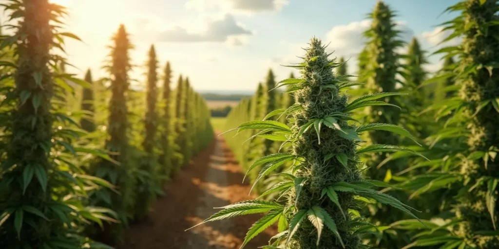 Auto CBD Cheese Pflanzen im Freilandanbau bei Sonnenuntergang.