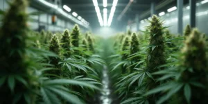 Dichte Auto CBD Haze 1:1 Pflanzen unter LED im Indoor-Growraum.