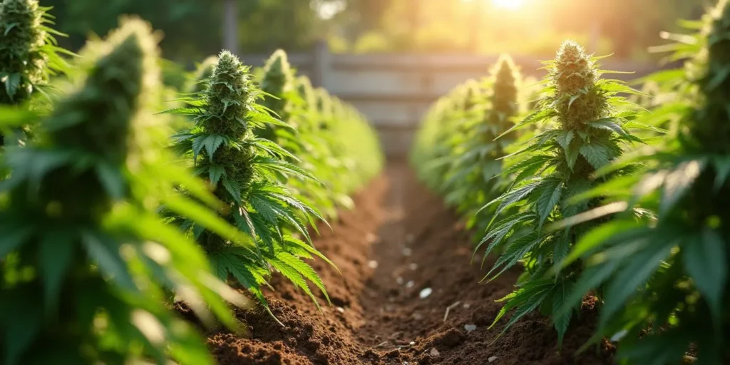 Reihe von Auto CBD Northern Lights Pflanzen bei natürlicher Sonne.