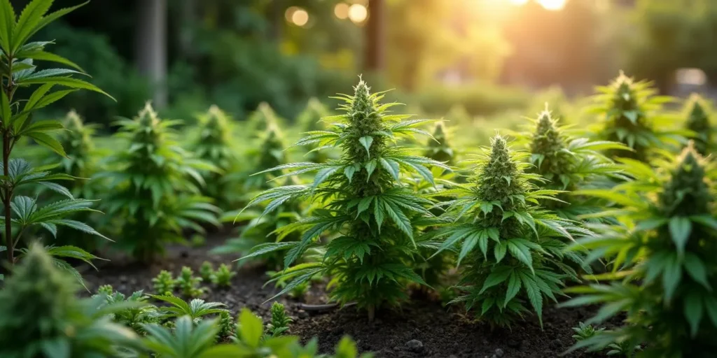 Auto CBD Northern Lights Pflanzen im Freien bei Sonnenuntergang.