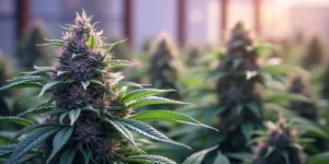 Auto CBD Purple Pflanze im Freien mit violetten Blüten.