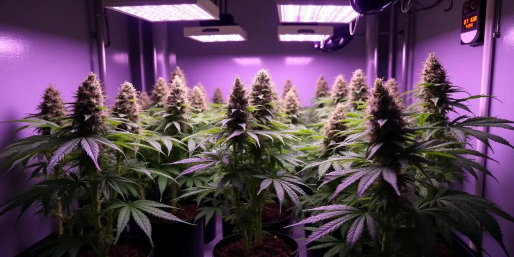 Indoor-Anbau von Auto CBD Purple unter LED-Licht.