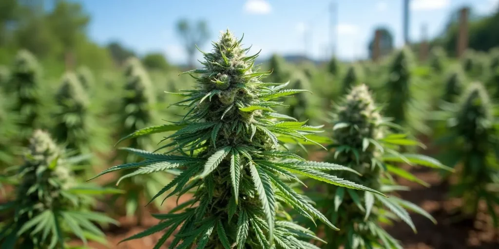 Auto CBD White Widow Pflanzen wachsen auf einem Feld unter freiem Himmel.