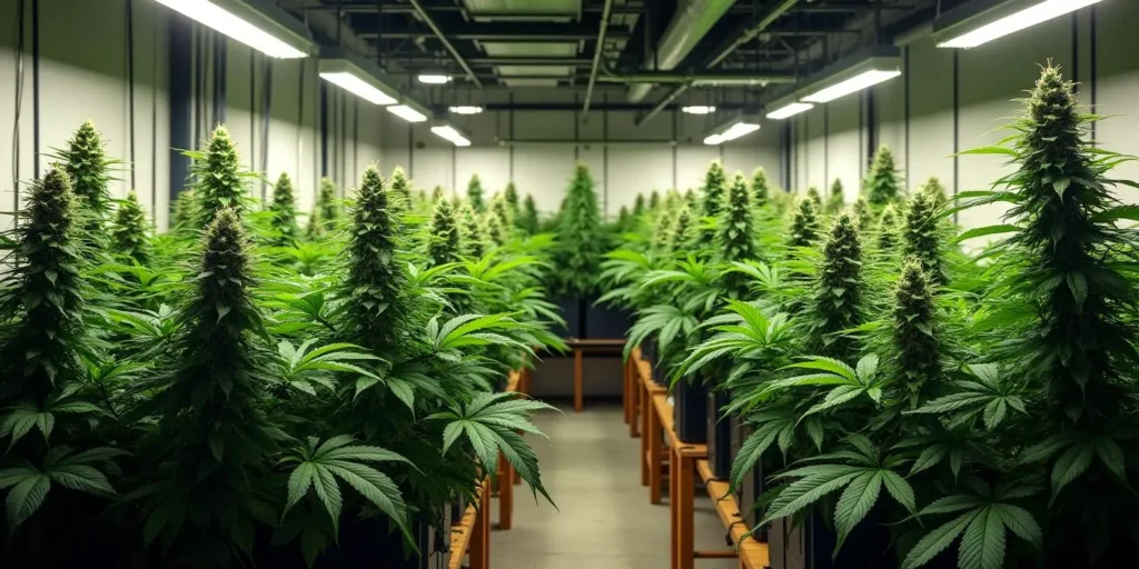 Indoor-Anbau von Banana Kush Regulär Pflanzen unter Lichtsystem.