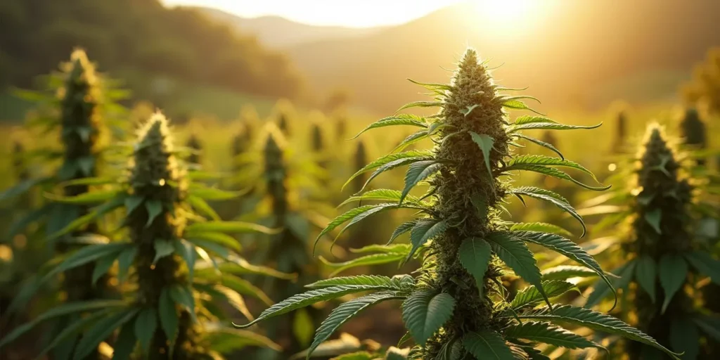 Große Banana Kush Regulär Pflanze bei Sonnenuntergang draußen.