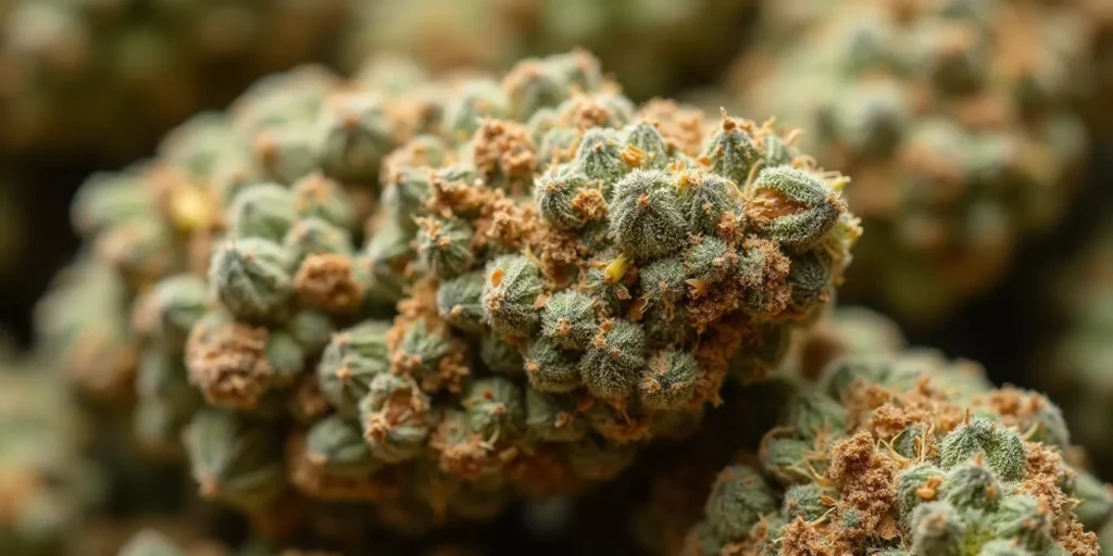 Nahaufnahme von Banana Punch Buds mit Trichomen und Orangenhärchen.