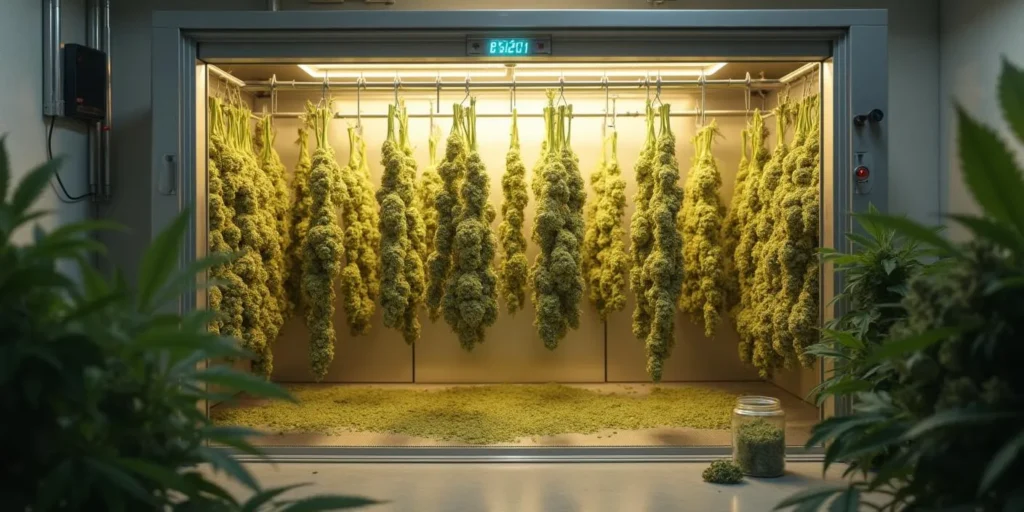 Banana Punch Blüten beim Trocknungsprozess in professioneller Anlage.