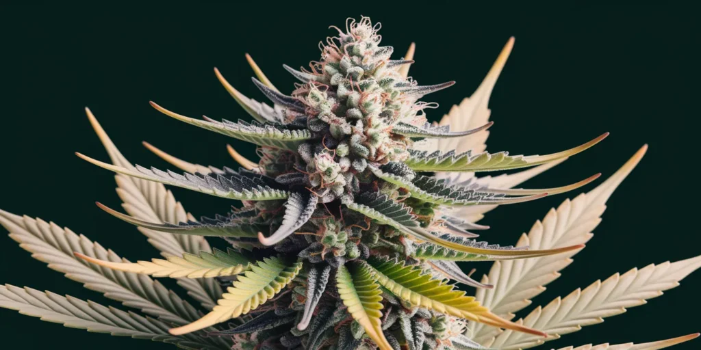 Nahaufnahme einer Banana Split Cannabisblüte mit Trichomen.