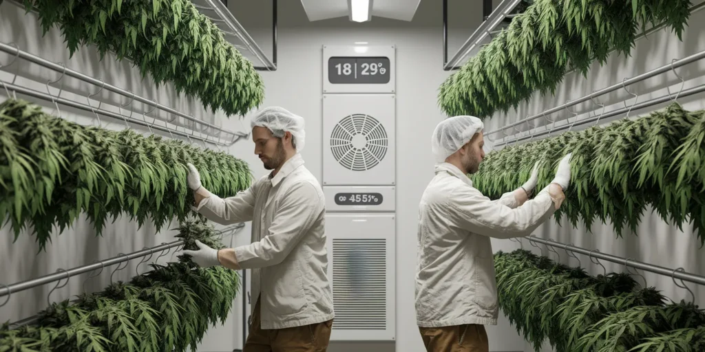 Zwei Arbeiter kontrollieren Banana Split Cannabis in Indoor-Zucht.