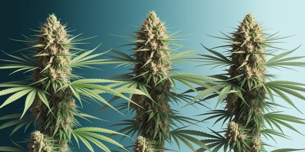 Reife Banana Split Cannabisblüten vor blauem Hintergrund.