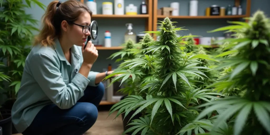Banizzle Cannabisinspektion durch Züchterin im Growraum.
