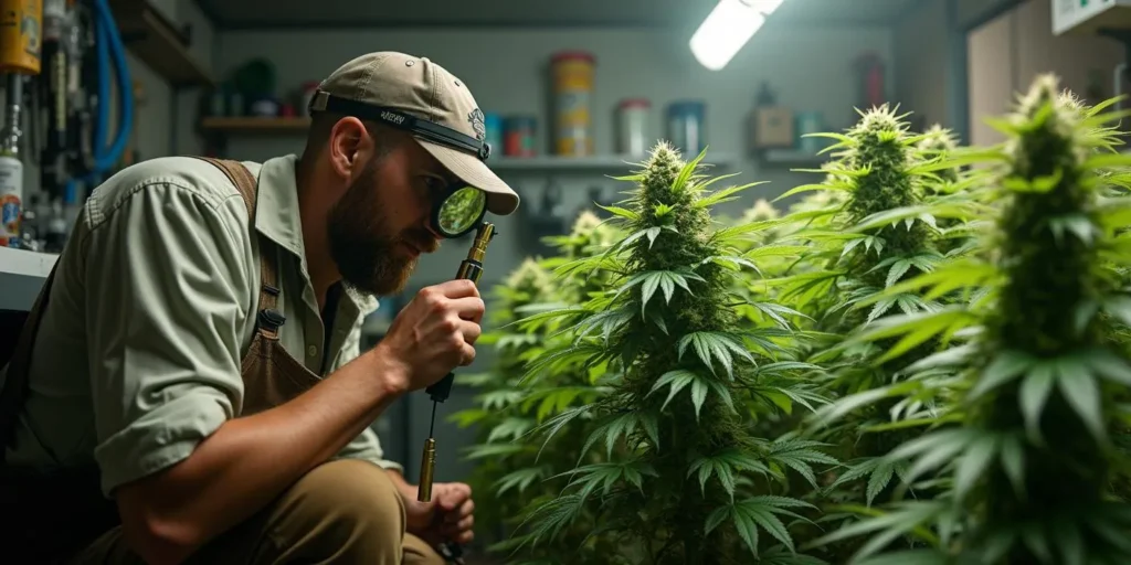 Präzise Qualitätskontrolle der Banizzle Cannabisblüten, die für dichte Struktur, exotisches Fruchtaroma und starke Wirkung geschätzt werden.